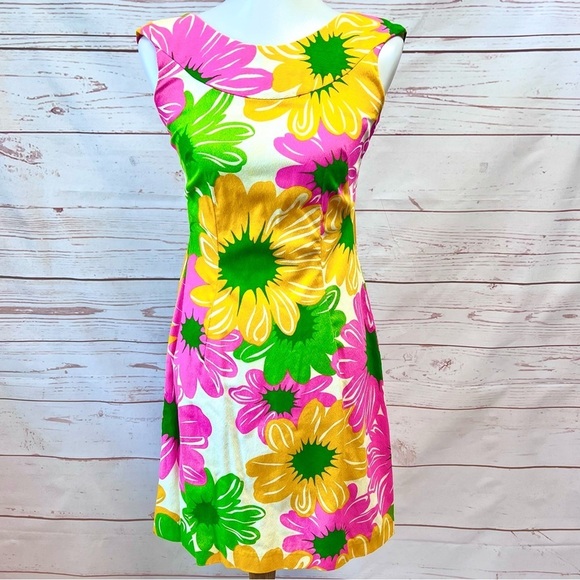 Vintage Hawaiian MCM Mid Century Mod Neon Flower Power Shift Cape Dress - Picture 3 of 14